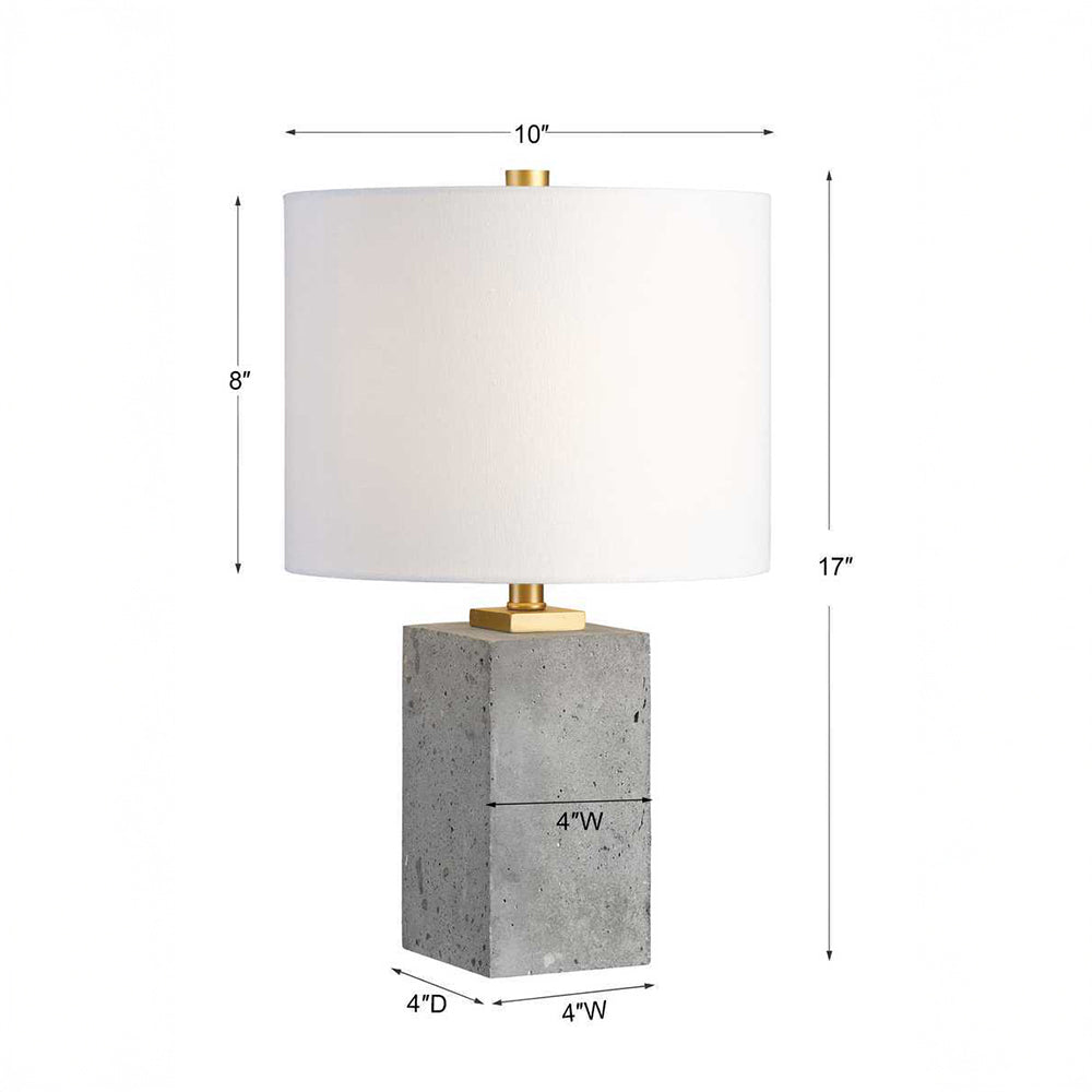 Brutalism Table lamp with concrete base and white shade, shown with dimensions on a white background