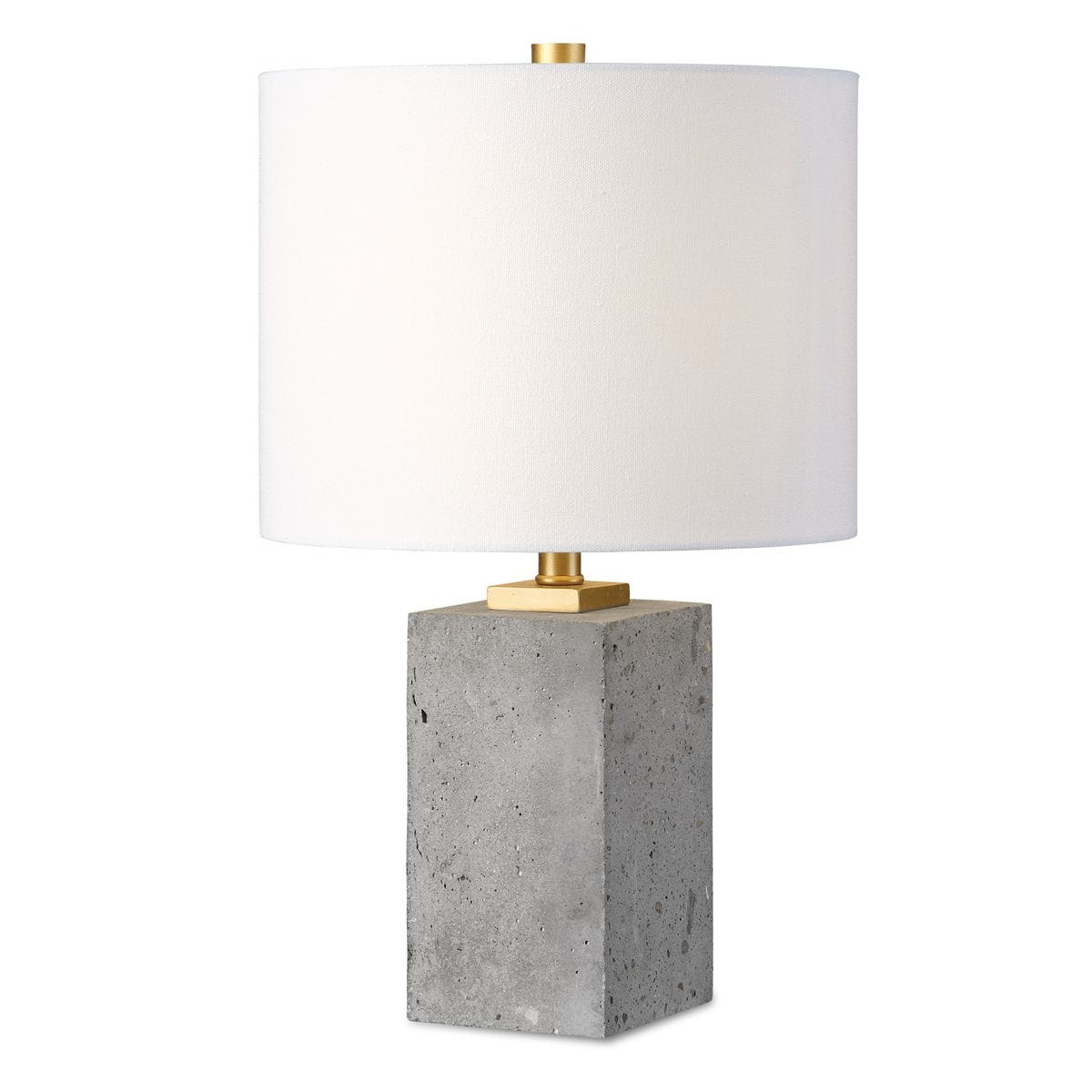 Table lamp with concrete base and white shade on a white background