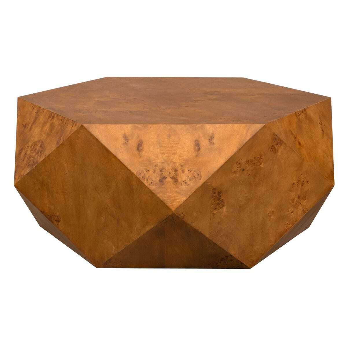 Hexagonal wooden side table on a white background