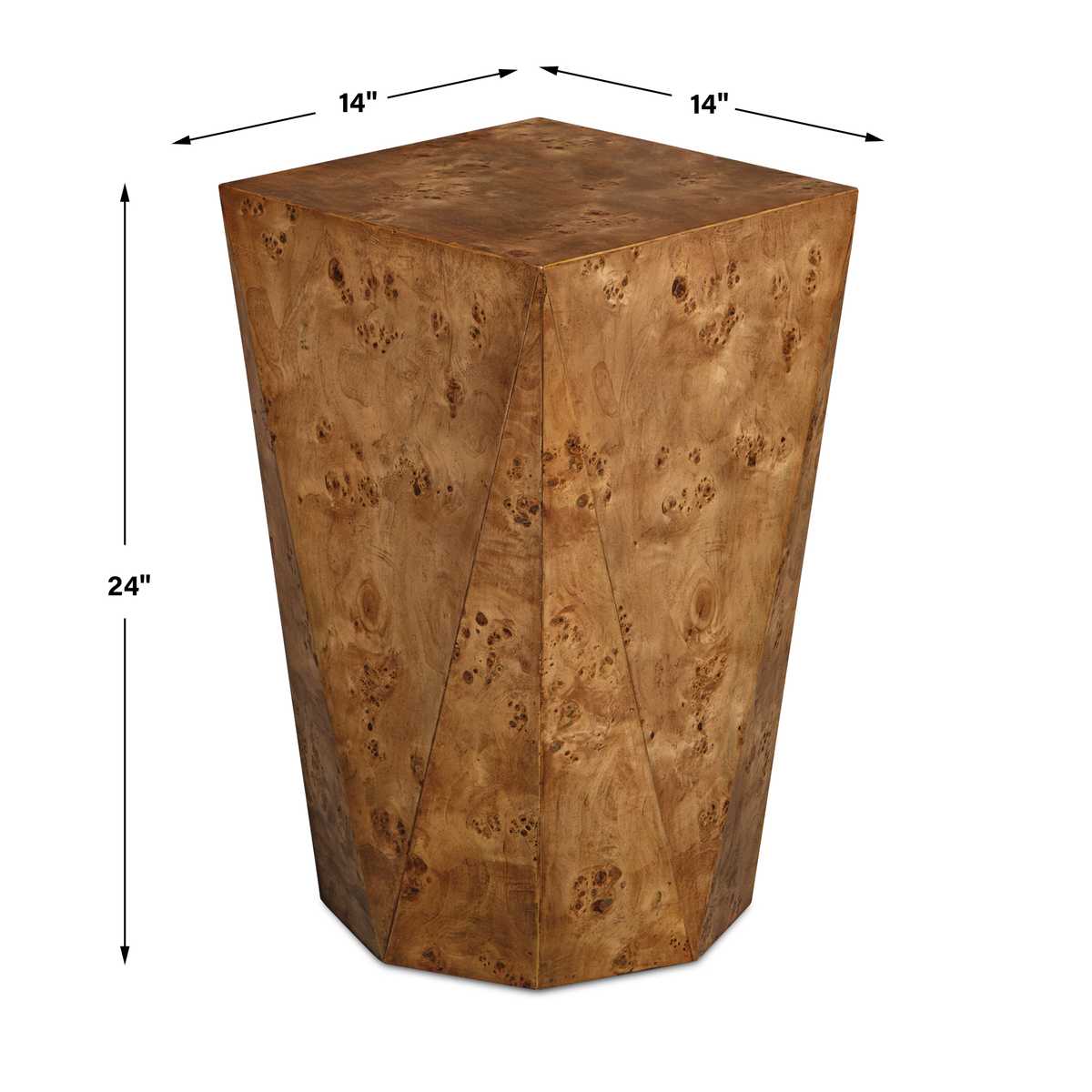 Wooden hexagonal side table with dimensions on a white background