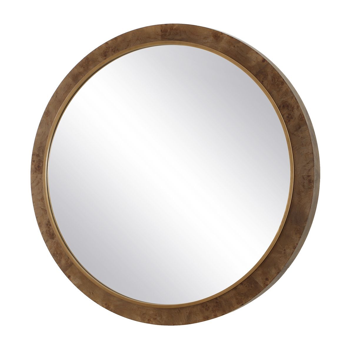 Round mirror with a wooden frame on a white background