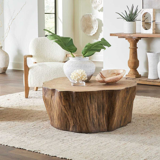 Wooden coffee table with a natural finish on a white background