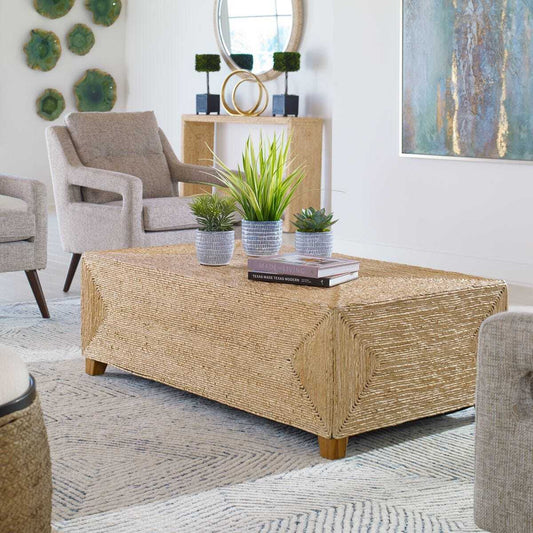 Rectangular woven coffee table on a white background