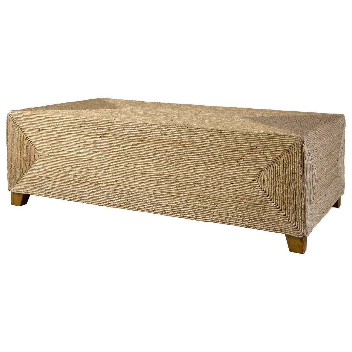 Rectangular ottoman with woven texture on a white background