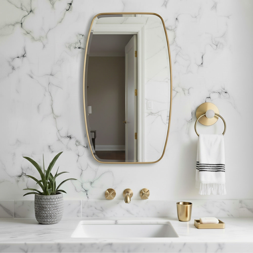 Bathroom with marble walls, gold fixtures, and a plant.