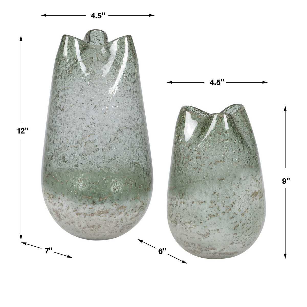 Two gray textured vases with dimensions indicated on a white background