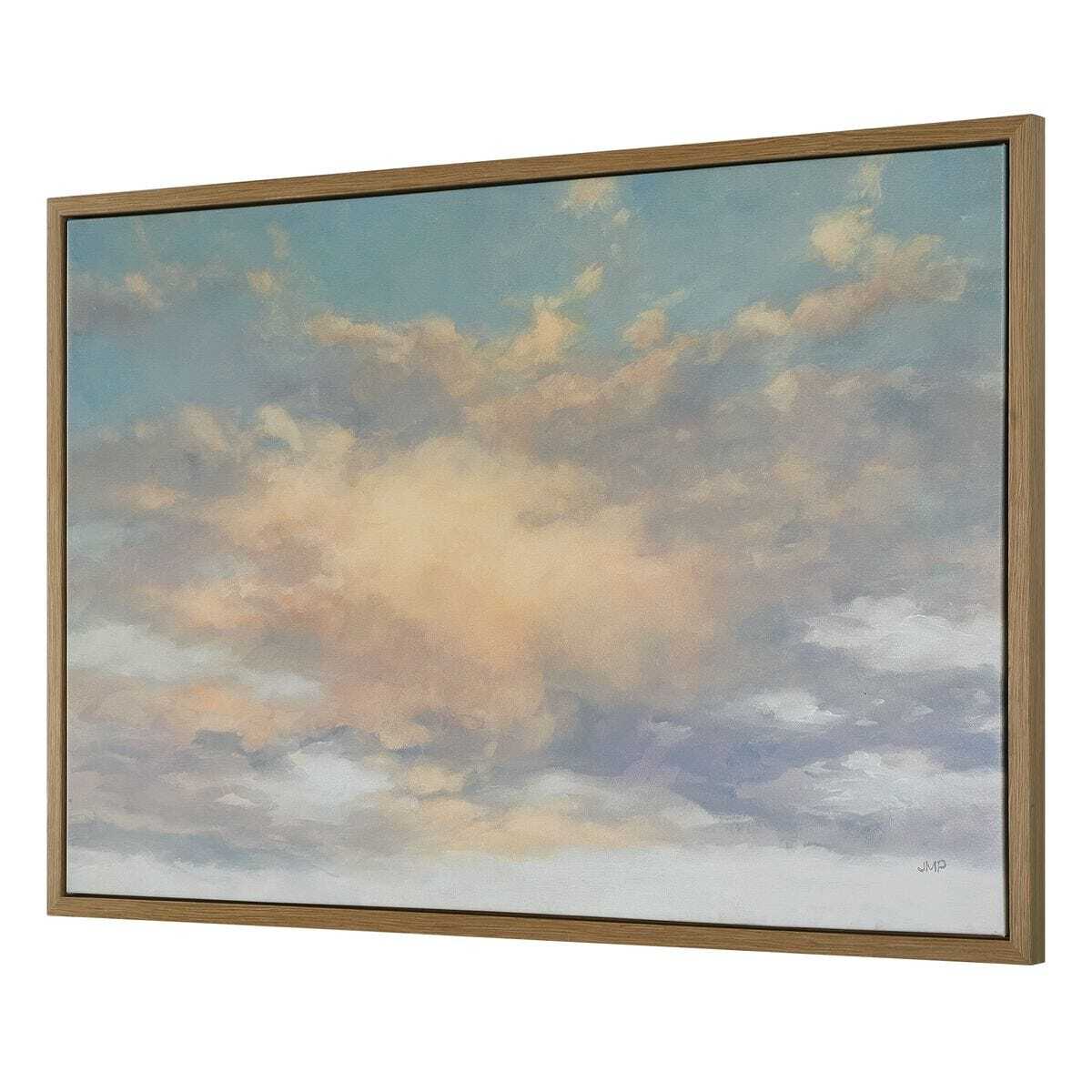 Framed artwork of a cloud painting with a wooden frame on a white background