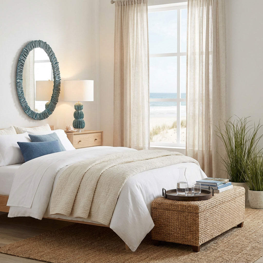 Cozy bedroom with a bed, lamp, mirror, and window view