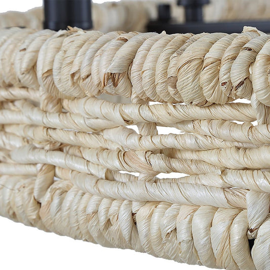 Rattan material of a coastal chandelier.