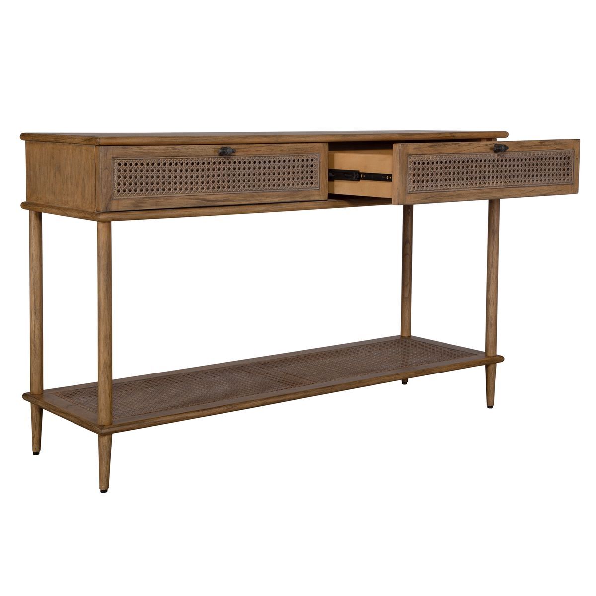 Drawer open with angled coastal console table.