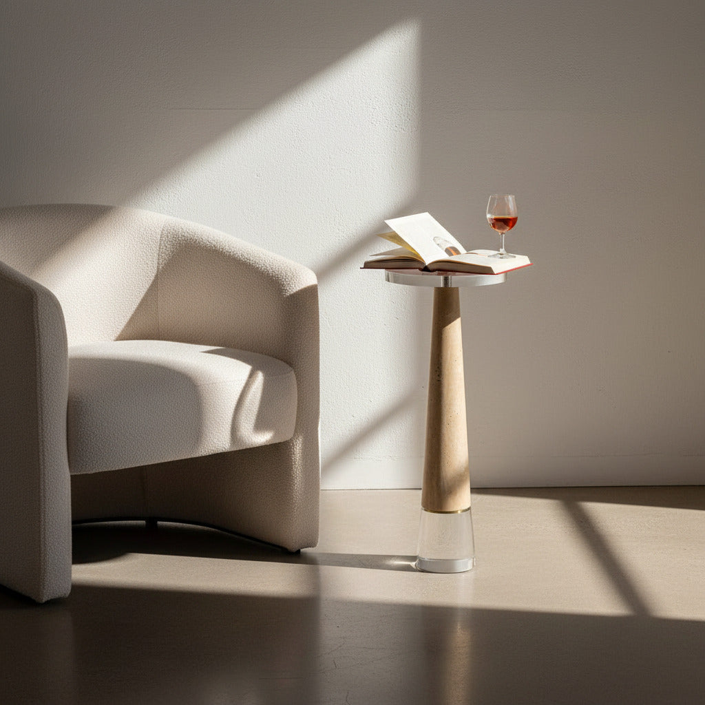 Modern living room with a beige armchair and a small table holding a book and a glass of red wine.