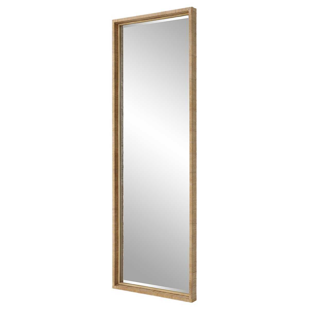 Rectangular mirror with a wooden frame on a white background