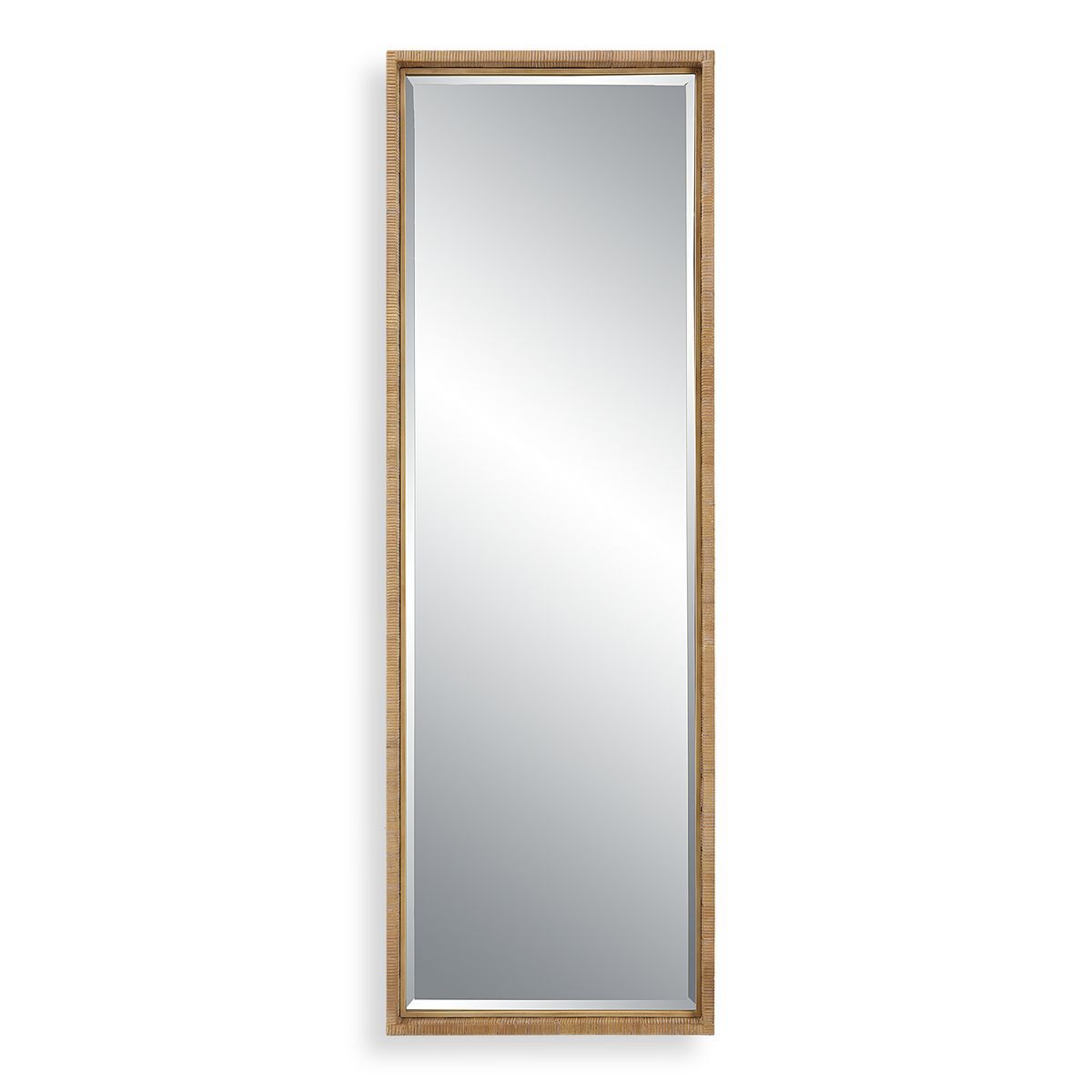 Rectangular mirror with a wooden frame on a white background