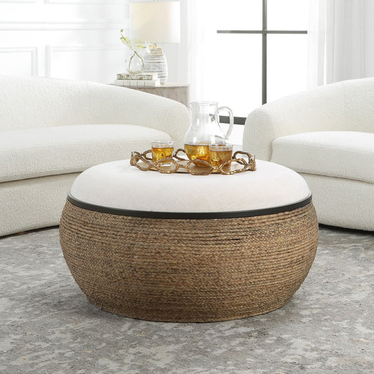 Coastal Ottoman Coffee Table with Rattan and Iced Tea.