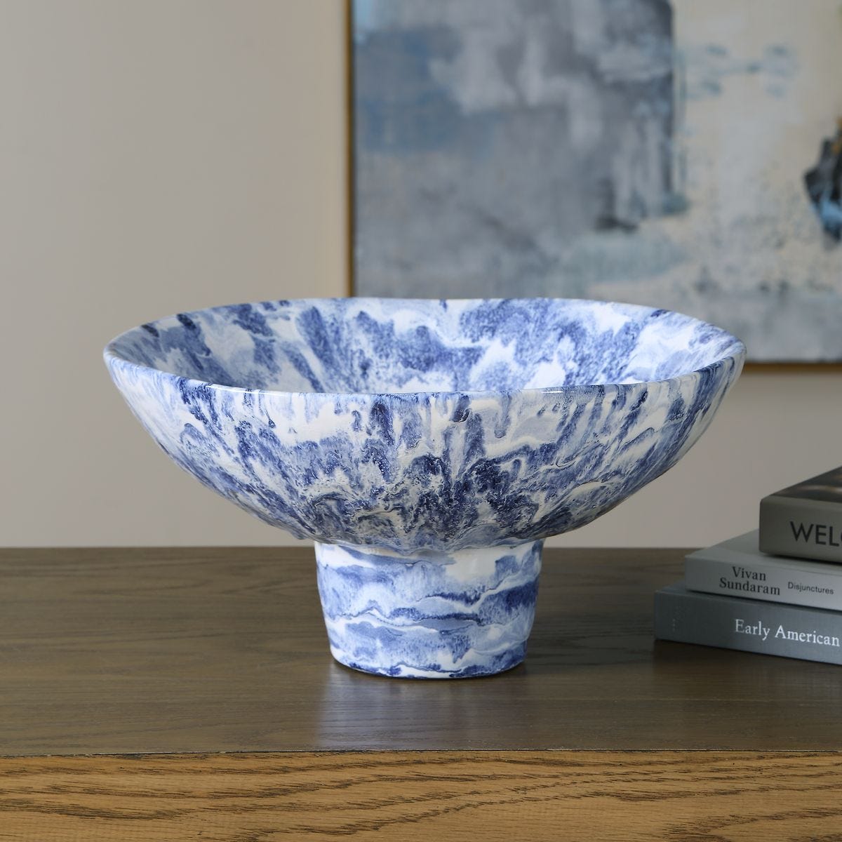 Coastal Pedestal Bowl - Ceramic, Marbled, Indigo