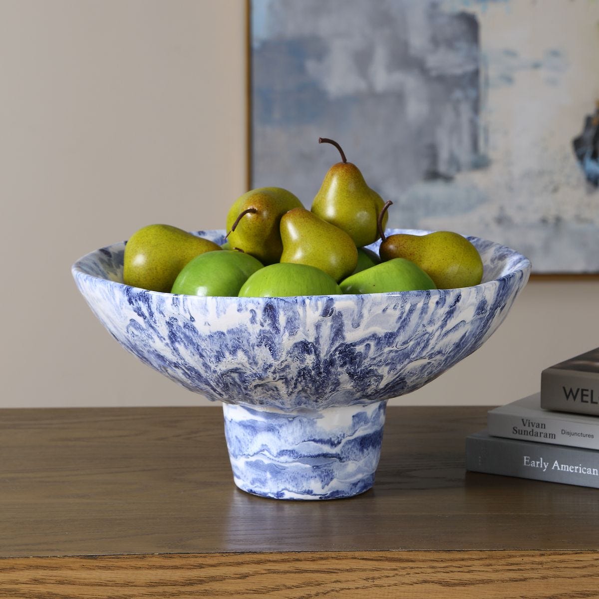 Coastal Pedestal Bowl - Ceramic, Marbled, Indigo