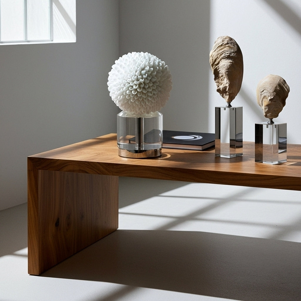 Decorative shell statues on a wooden shelf with sunlight casting shadows