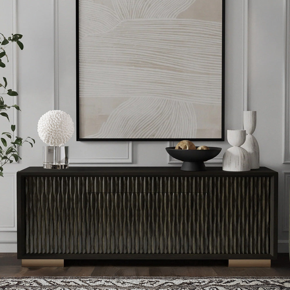 Coastal Shell Sculpture with neutral set up in boho coastal living room.