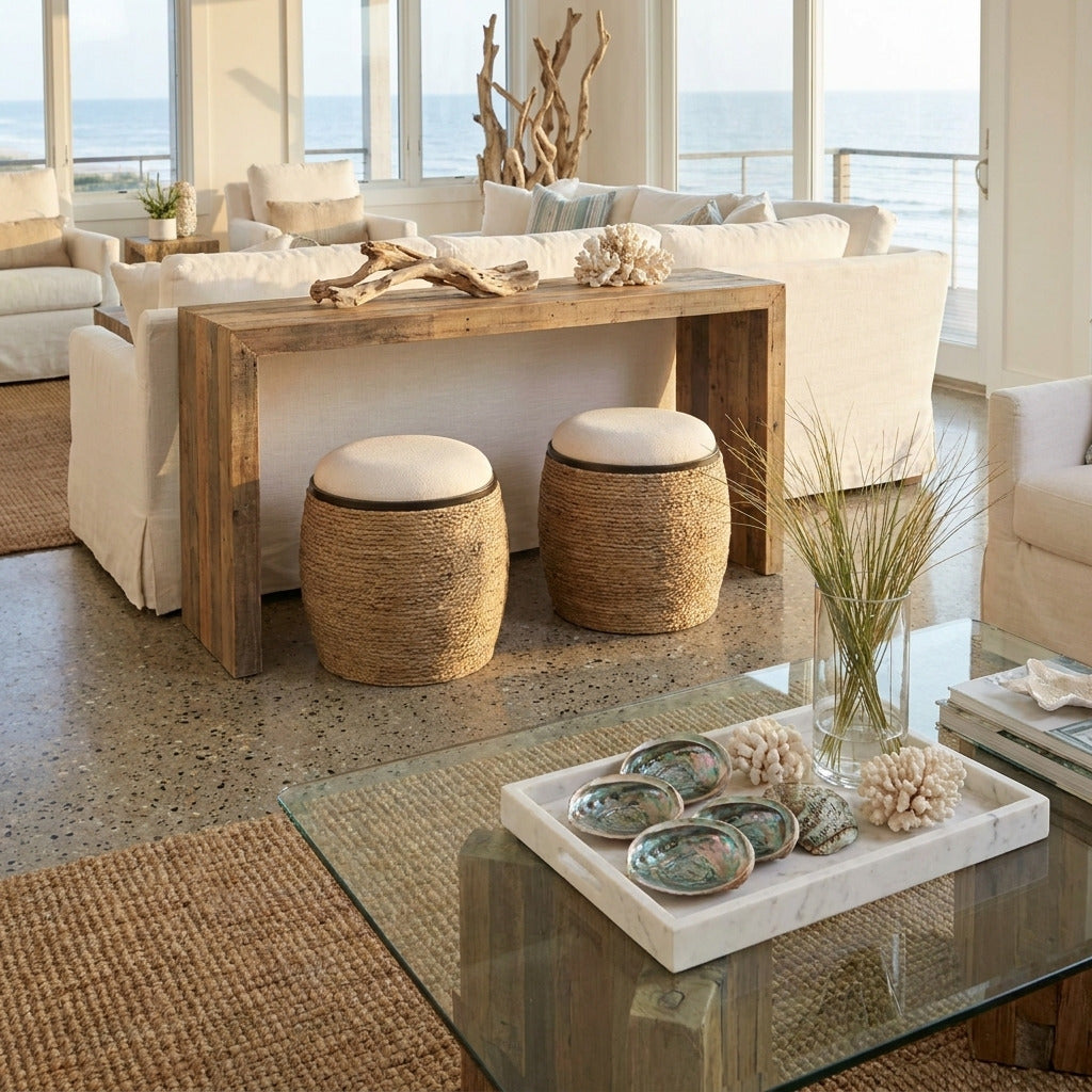 Coastal Living Room with round ottomans.