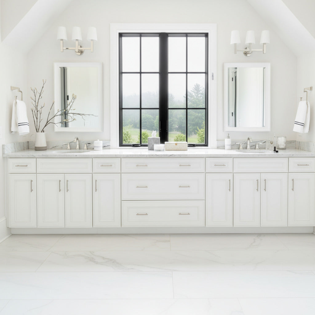 Modern bathroom with white vanity, mirrors, and a large window.