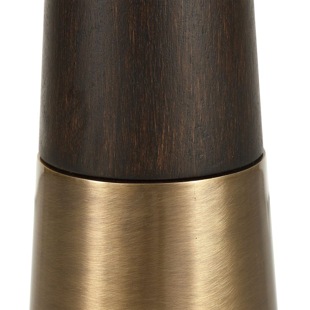 Tall cylindrical object with dark espresso finished wooden base on a white background