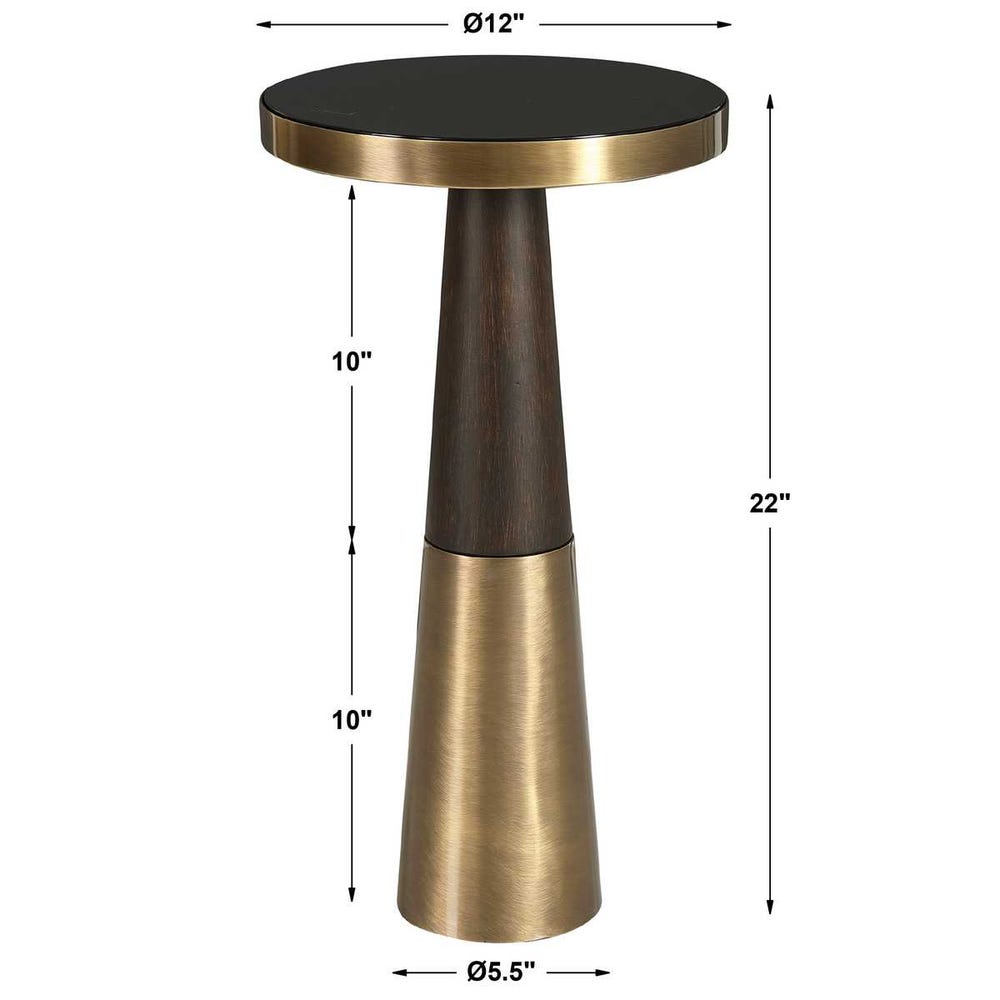 Side table with gold and bronze design, showing dimensions on a white background