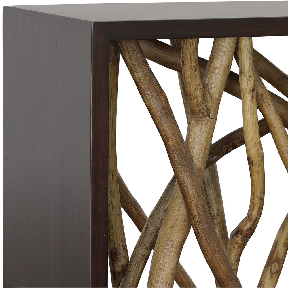 Corner of teak driftwood console table.