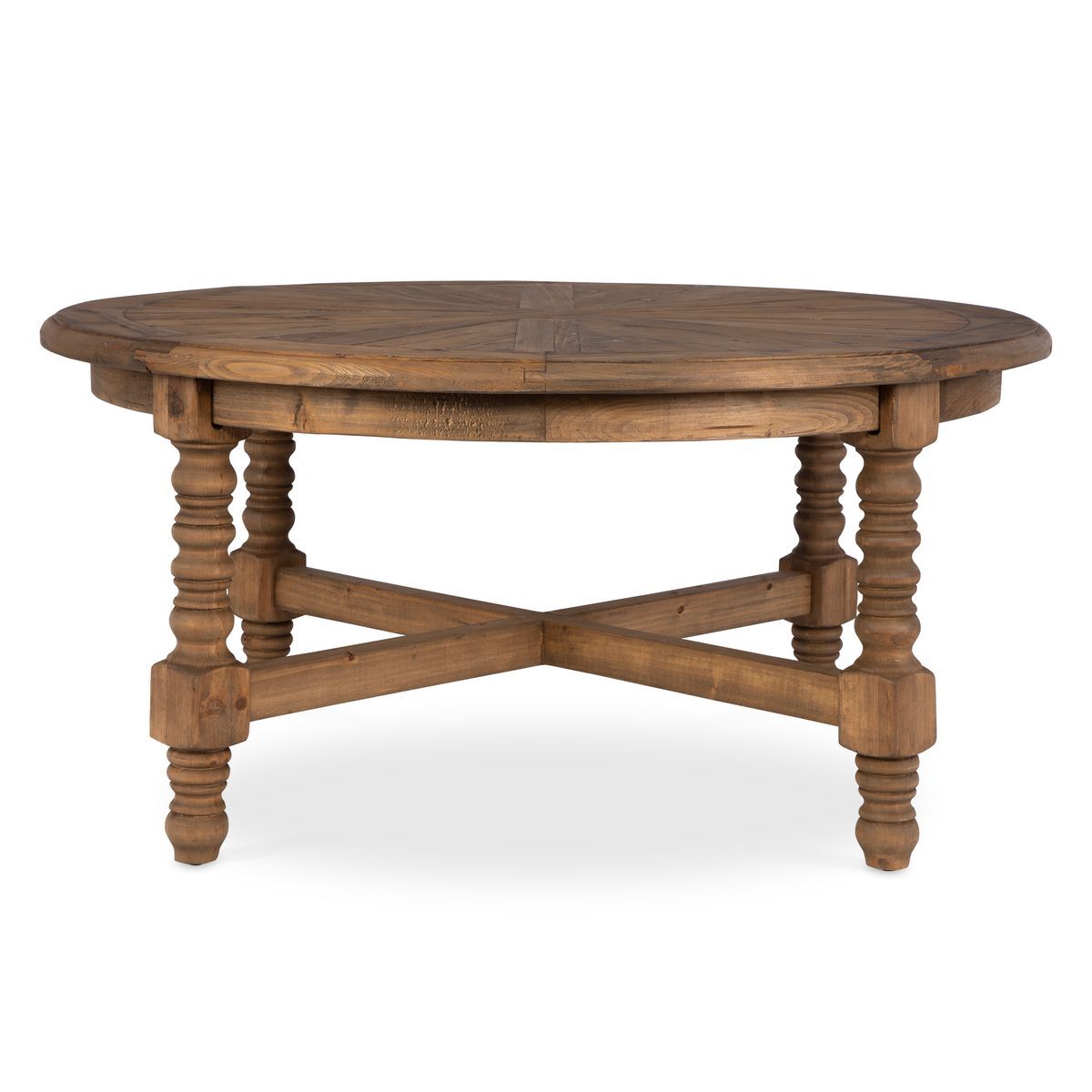 Wooden round table with turned legs on a white background