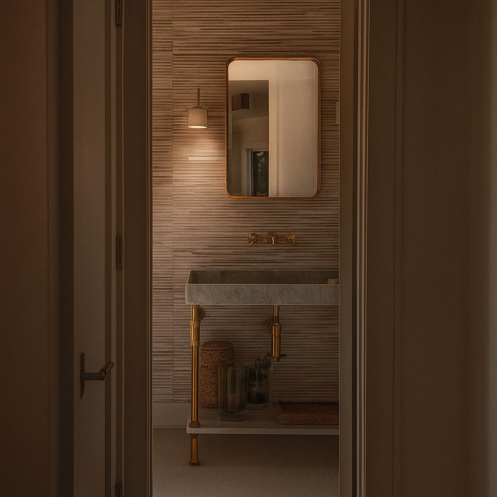 Bathroom interior with a mirror and sink area, featuring wooden walls and a textured floor.