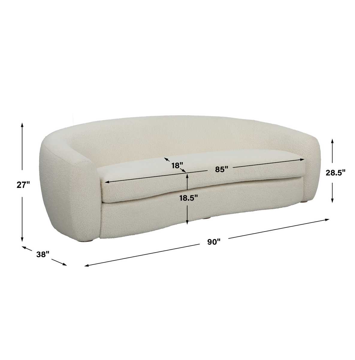 Beige sofa with dimensions marked on a white background
