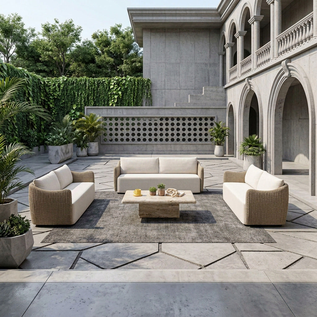 Modern outdoor patio furniture set including two beige woven sofas and a matching coffee table on a gray rug, arranged in a luxurious stone courtyard with a building featuring arches in the background.