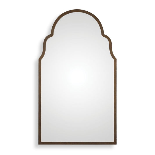 Decorative console table with mirror and chairs in a room with framed pictures on the wall.