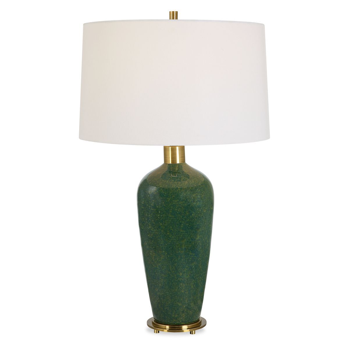 Green lamp with a white shade on a white background