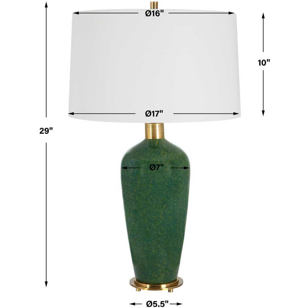 Green table lamp with white shade and dimensions labeled
