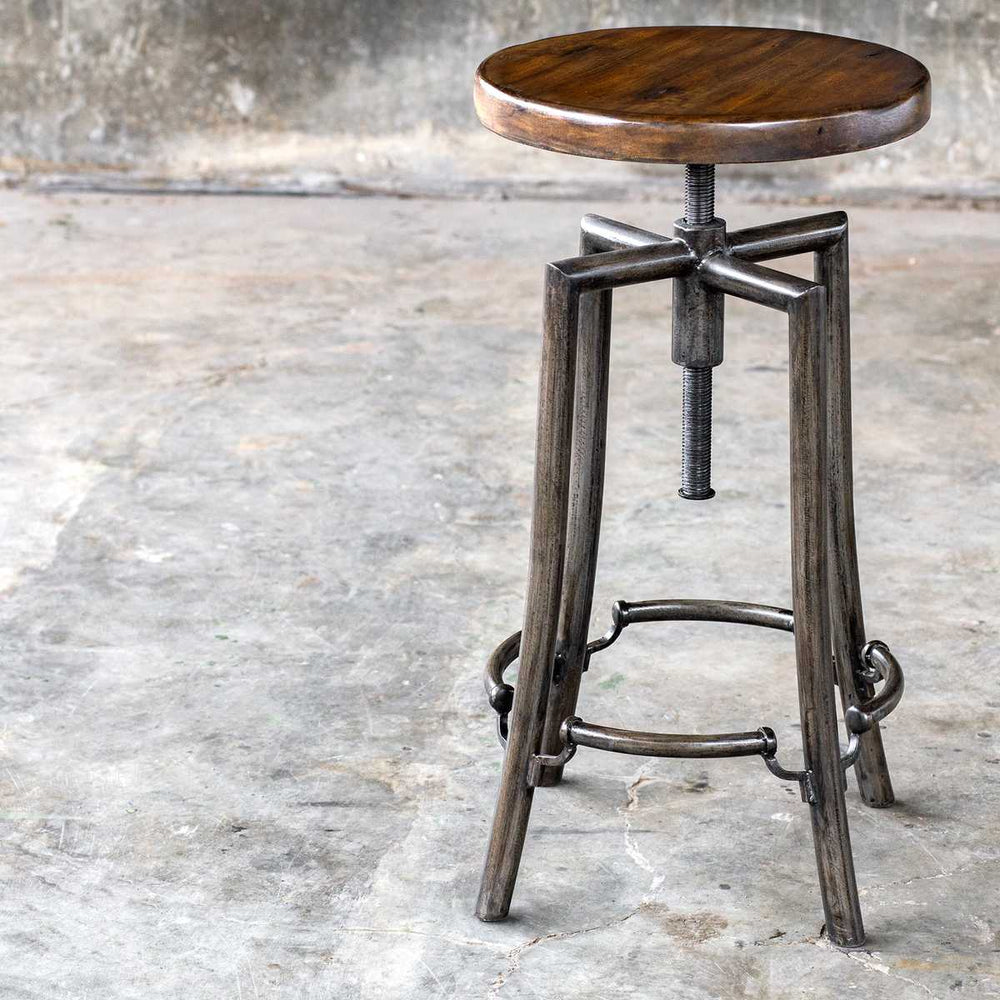 Dark wood bar stool.