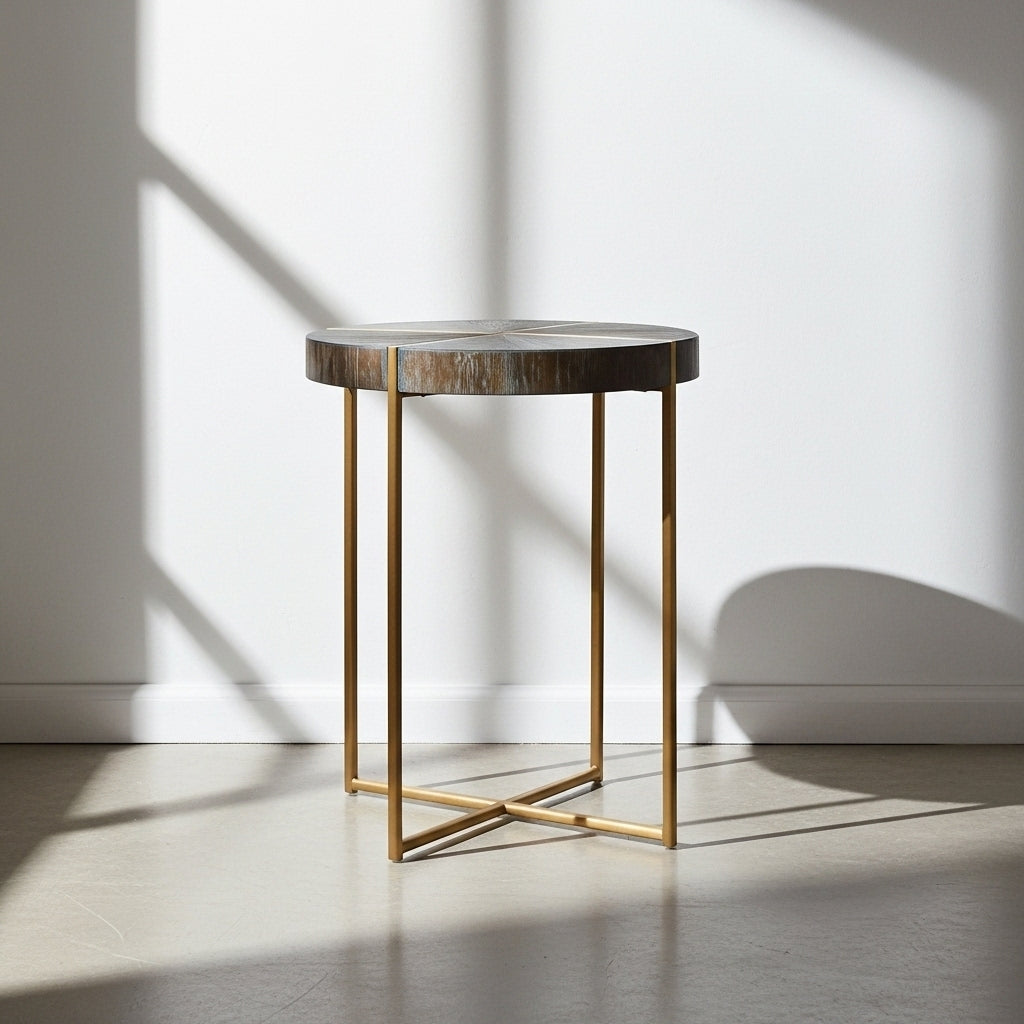Small round table with wooden top and brass legs in a minimalistic setting