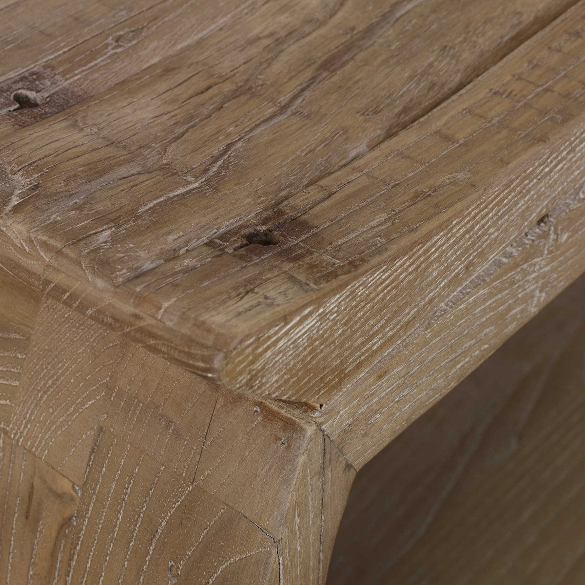 Detail of the seat of the reclaimed wood bench.