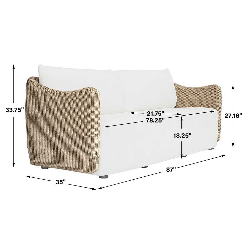 Dimensions of a wicker outdoor sofa with white cushions on a white background