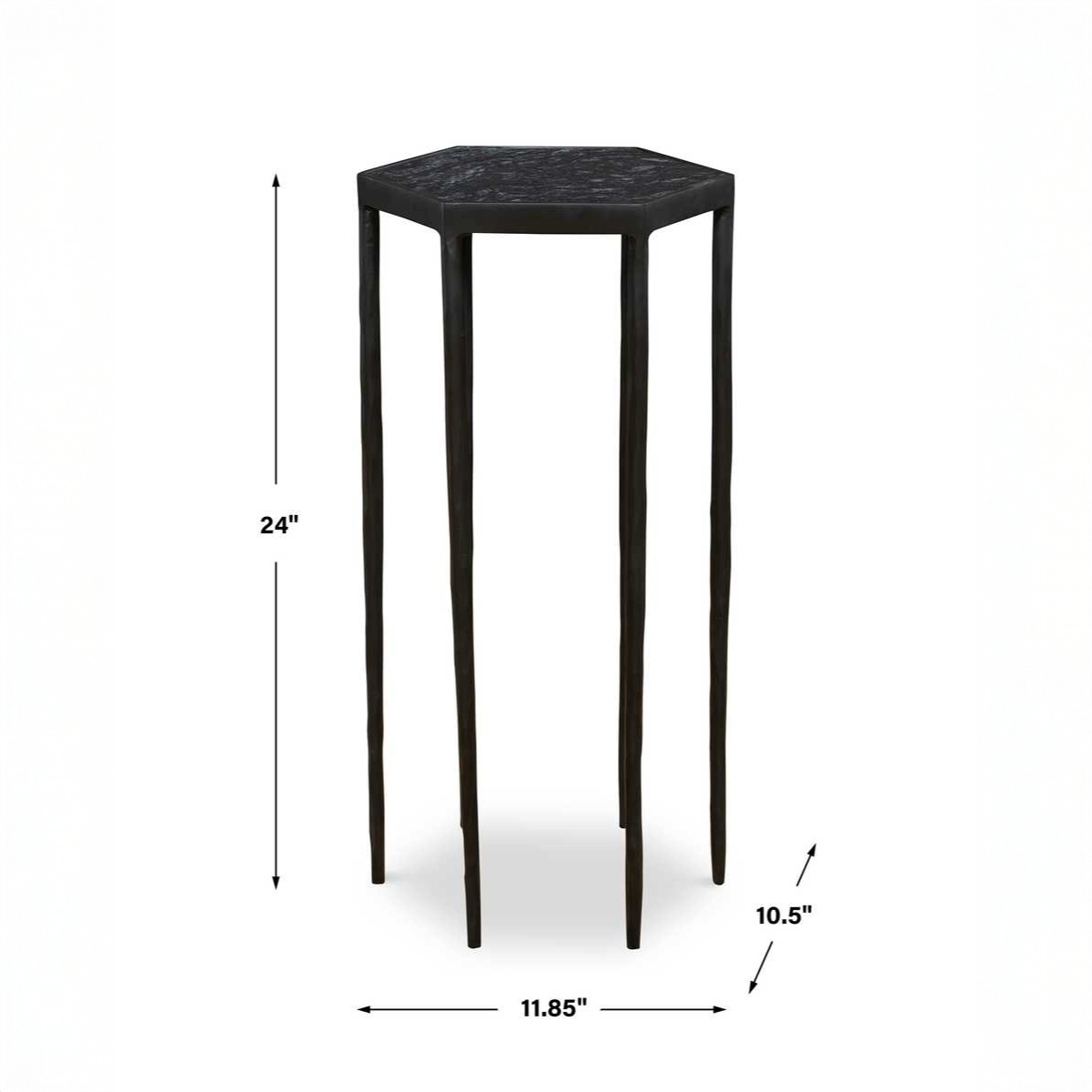 Hexagonal black side table with dimensions on a white background