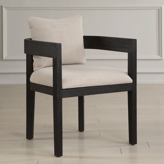 Dining chair dark wood open frame with linen cushion modern chair set against a paneled wall.