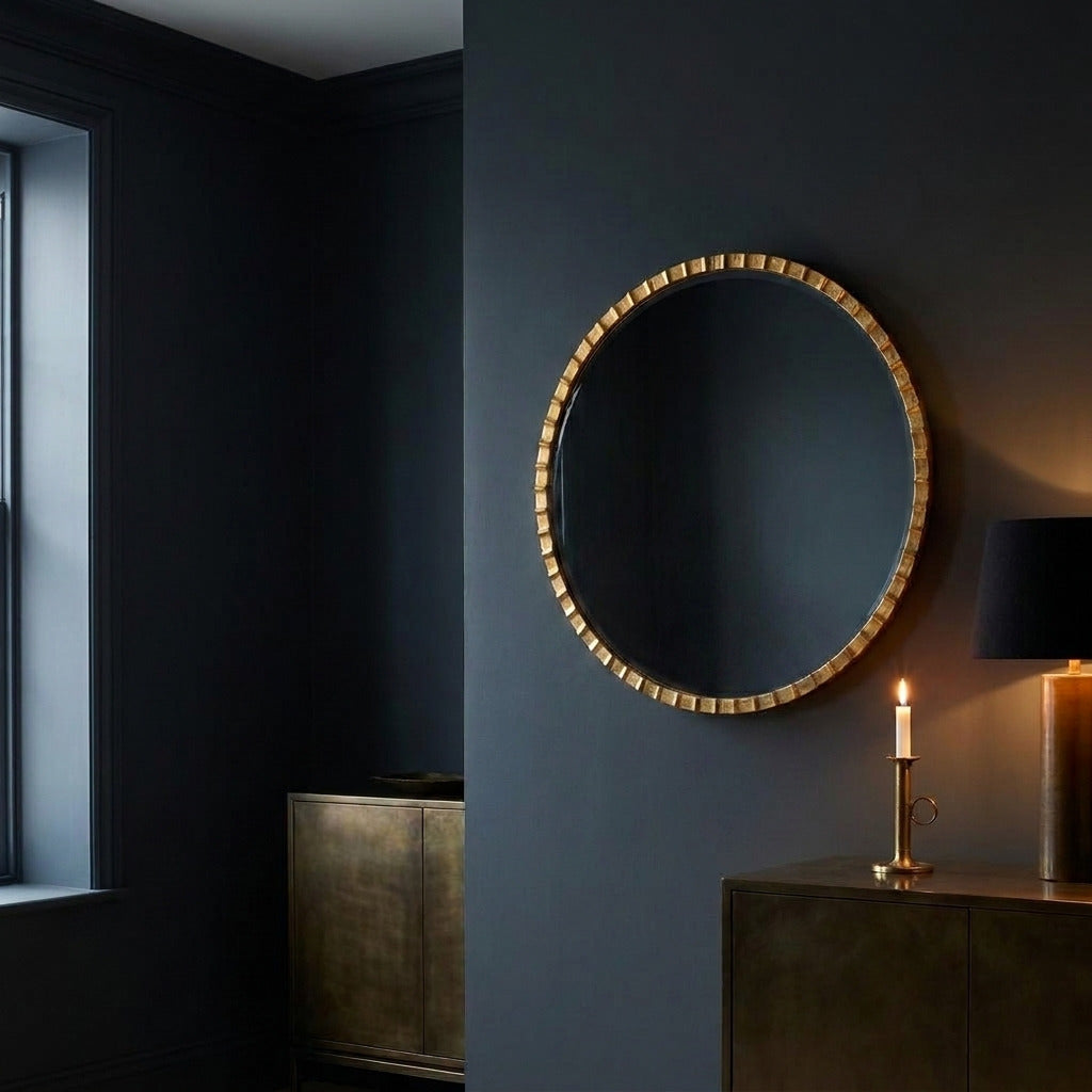 Round wall mirror with a textured gold beaded frame hanging on a dark charcoal blue wall in a styled interior room with a gold cabinet, lit candle, and lamp.