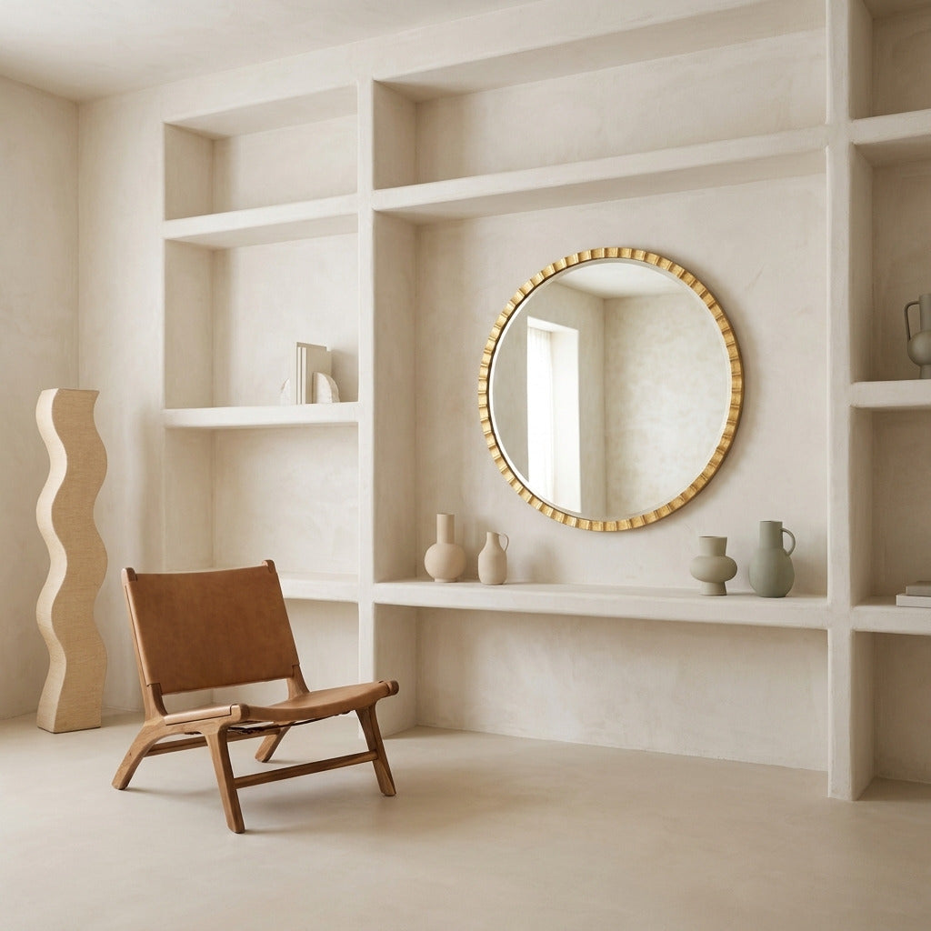 A round wall mirror with a textured gold frame hangs on a built-in cream shelf in a minimalist room. A brown leather and wood lounge chair sits in the foreground, with small ceramic vases and a sculptural beige side table on the shelves.