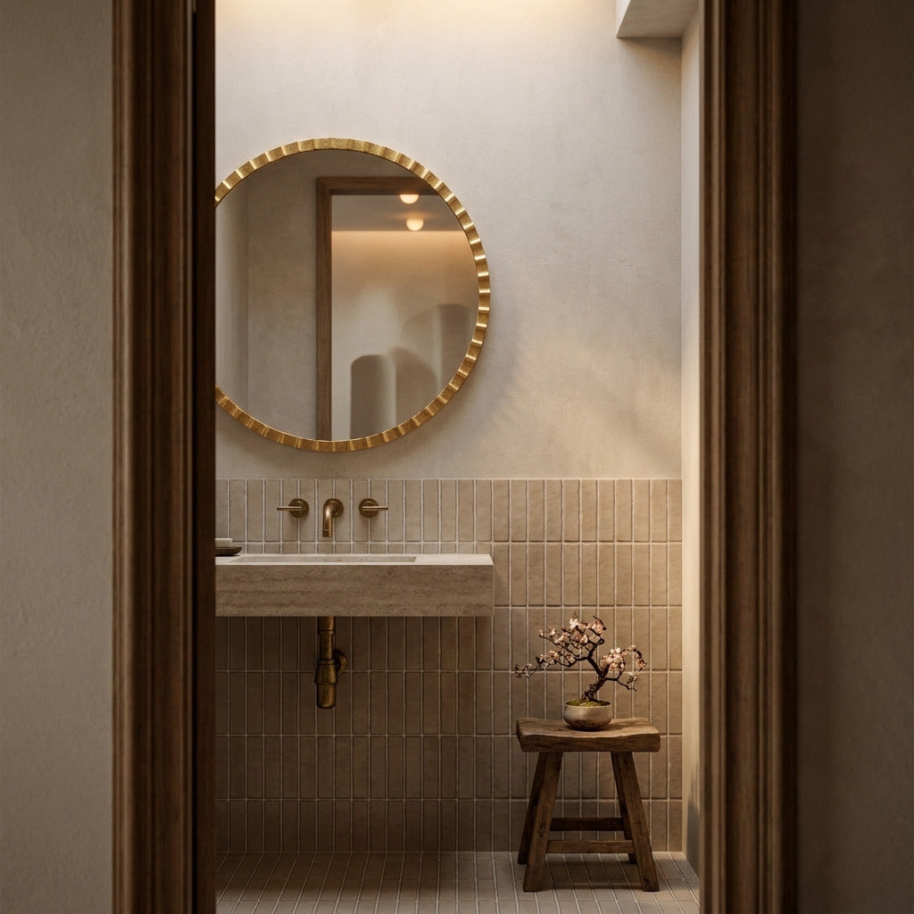 A bathroom interior viewed through a dark wood doorway, featuring a round gold-framed mirror, a wall-mounted sink with brass fixtures, beige tile walls, and a small wooden stool holding a flowering branch arrangement.