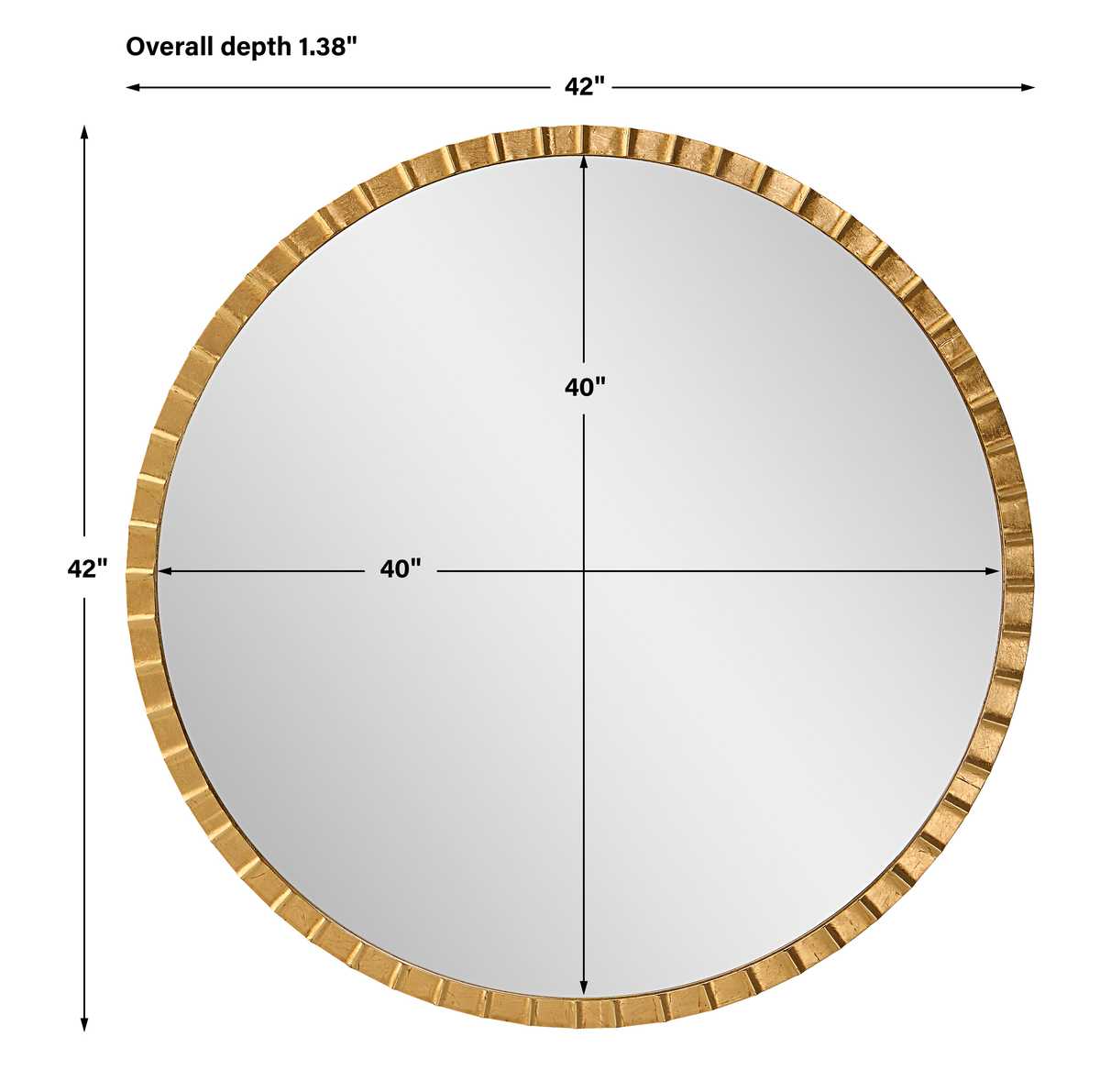 Round mirror with gold frame and dimensions on a white background