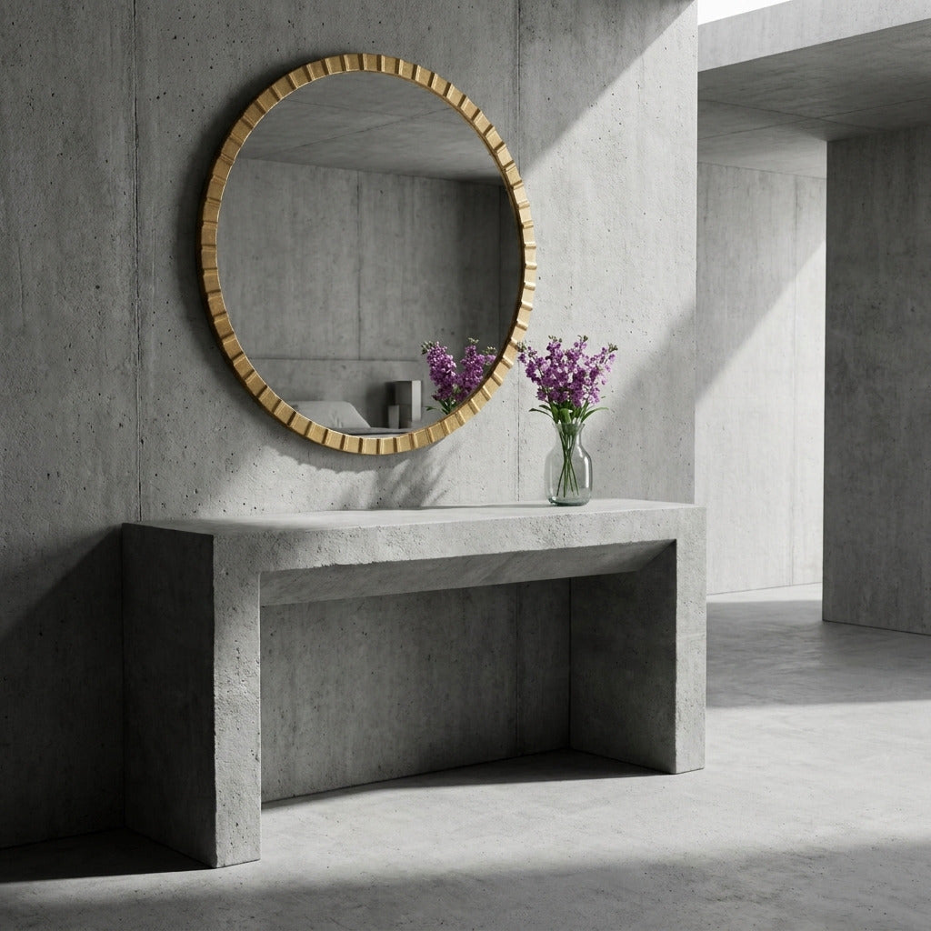 Round wall mirror with a gold beaded frame mounted on a concrete wall above a matching concrete console table, with a vase of purple flowers in the scene.