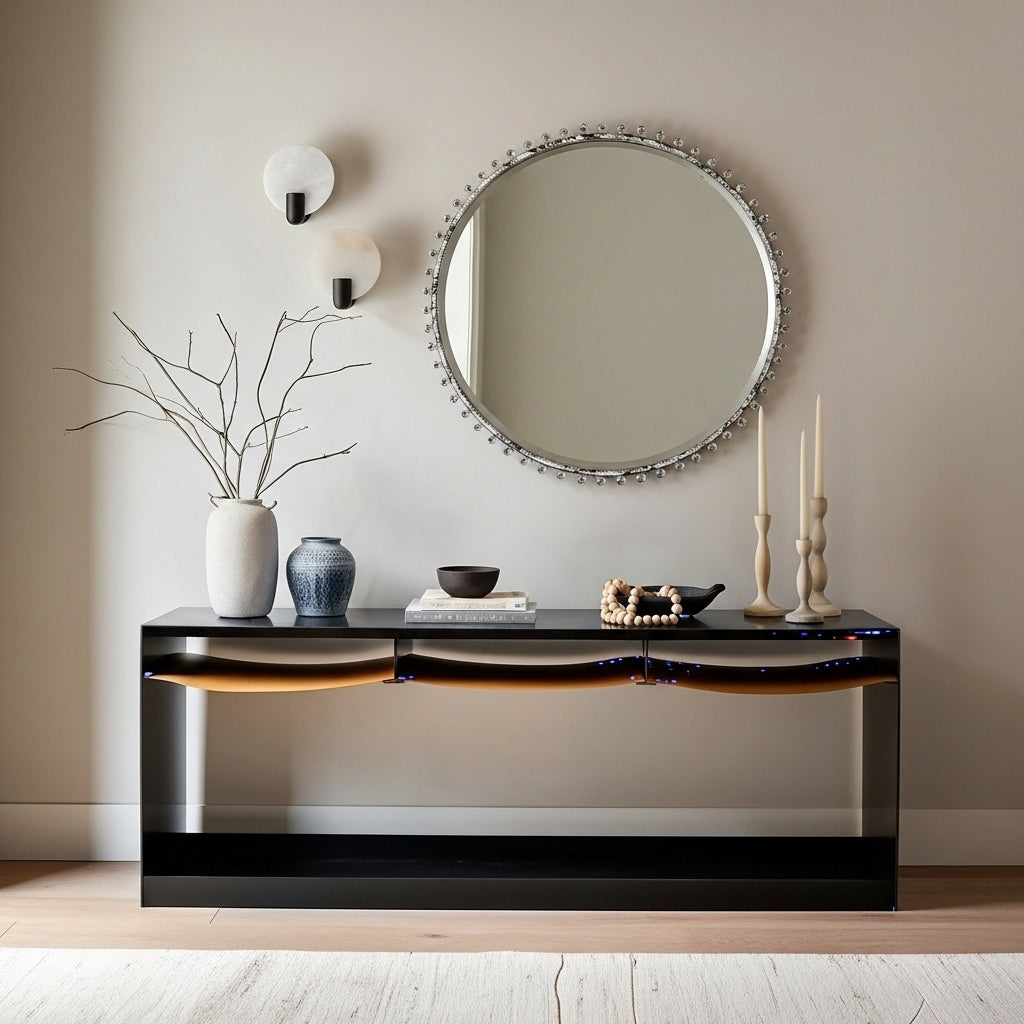 Modern console table with decorative items against a neutral wall