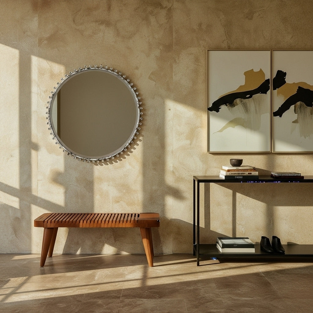 Round mirror on a textured wall with a wooden bench and console table below.