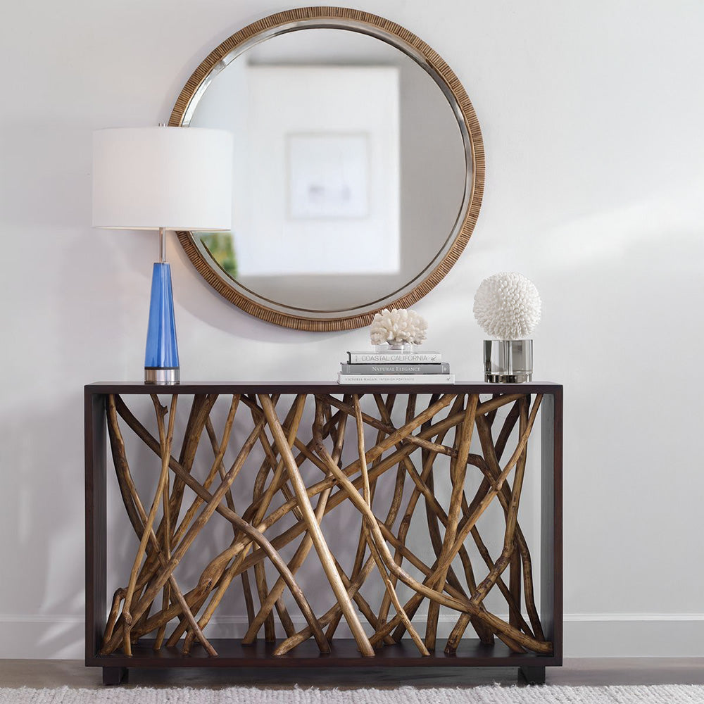 Driftwood Console Teak Table with Mirror and Lamp and Coral.