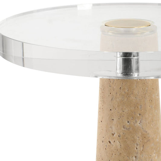 Small round table with a metallic top and wooden base on a white background