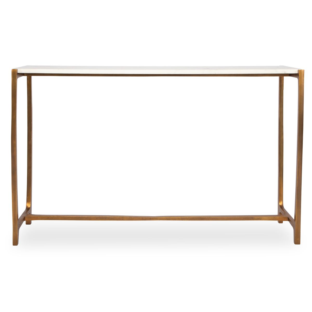 Console table with glass top and wooden frame on a white background